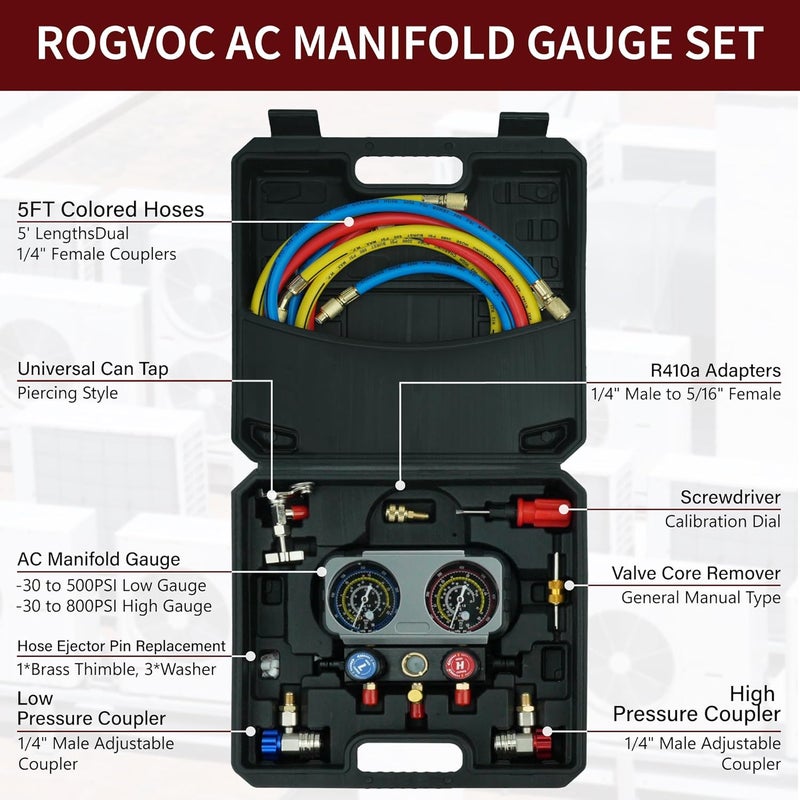 CALPOSE 3 Way AC Gauge Set，HVAC Gauges for R134a R410a R12 R22 R502 Refrigerant，Refrigerant Gauge Kit with 5FT Hoses，Anti-Collision Dial，R410a Adapter，Puncturing Can Tap - Image 2